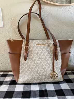 Michael Kors Cream and Brown MK Monogram Tote with Gold Hardware